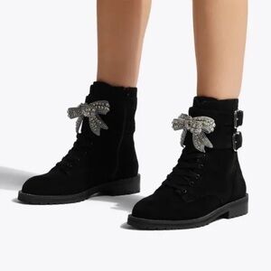 KURT GEIGER Sutton Bow Boot Black Suede Crystal Eagle Bow